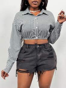 Glyssa Women's Black And White Plaid Long Sleeve Button-Down Cropped Blouse,Elegant Casual School Back-To-School Autumn Holiday Vacation Collar Shirt Top - Black and White - View 3