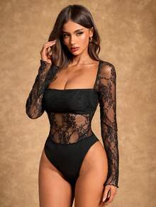 Radiana Women's Sexy Elegant Black Lace Bodysuit With Wide Collar, Flare Sleeve, Casual Top For Daily Wear - Black - View 1
