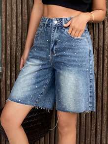 DAZY Quần short denim nữ dáng suông, cạp trung bình, rách tua rua, đính đá lấp lánh, thích hợp mặc mùa hè. - Rửa trung bình - Xem 2