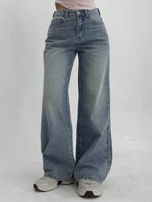 DAZY Quần jeans nữ dáng suông rộng rãi, tối giản, đa năng, thích hợp mặc hàng ngày đi làm, đã qua xử lý giặt, màu bạc. - Màu xanh lam - Xem 6