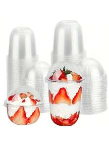 30个U型带盖纸杯蛋糕杯、冰淇淋杯、果汁杯、水果牛奶杯、奶茶杯，超可爱圆形迷你耐热杯 - 透明色 - 查看 4