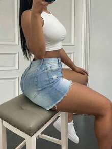 SHEIN ICON 女士高腰口袋做旧毛边牛仔短裤 - 藍色 - 查看 4