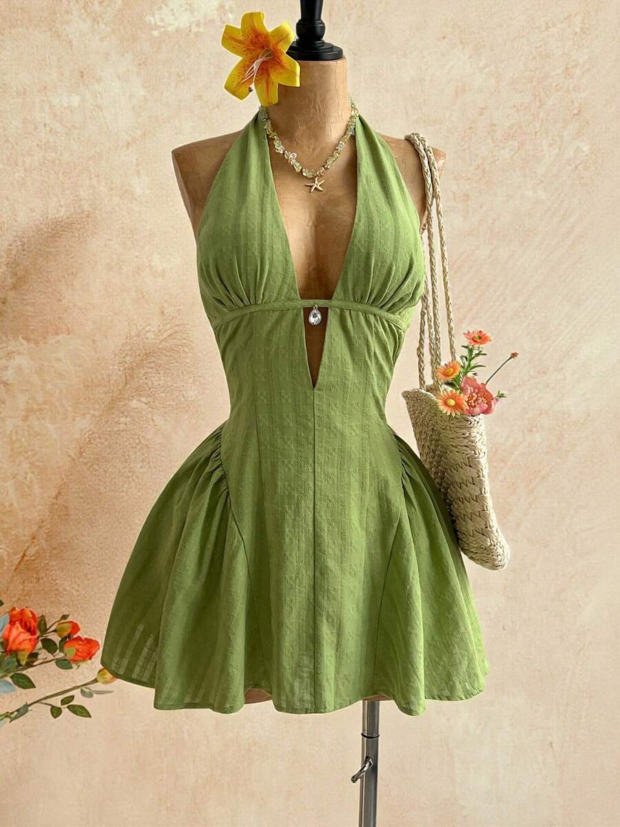 Soleia 女士波点V领镂空腰A字迷你连衣裙，适合派对、圣诞节、约会、夜店、波西米亚风、度假、秋季、复古、情人节等场合。 - 綠色 - 查看 1