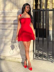 Mima John 情人节浪漫红色细肩带蝴蝶结紧身鱼尾迷你连衣裙女士派对太阳裙 - 紅色 - 查看 2