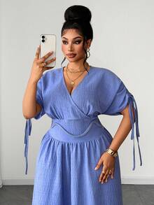 Maweii Vestido largo elegante con escote en V y mangas cortas que realza la cintura - Azul - Ver 5
