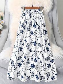 SHEIN LUNE Plus Size Women's Casual Vacation Style Allover Print Elastic Waist Skirt, Spring/Summer/Autumn - Multicolor - View 2