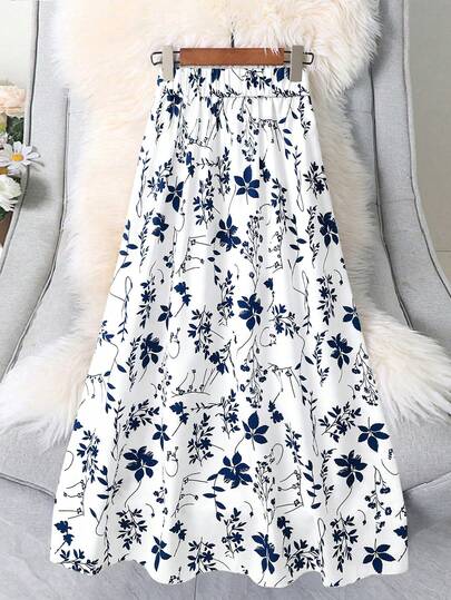 SHEIN LUNE Plus Size Women's Casual Vacation Style Allover Print Elastic Waist Skirt, Spring/Summer/Autumn