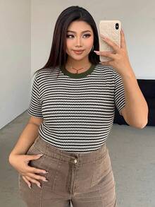 Dazy Petite Plus Áo thun ngắn tay kẻ sọc phối màu tương phản, màu nâu, thích hợp cho mùa xuân/hè. - xanh quân đội - Xem 6