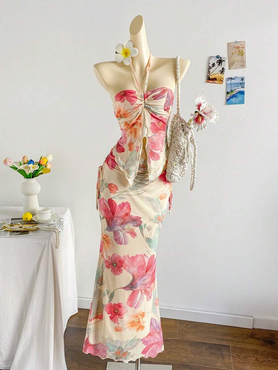 Soleia 女士优雅印花露背吊带上衣和鱼尾裙两件套，夏季 - 彩色 - 查看 1