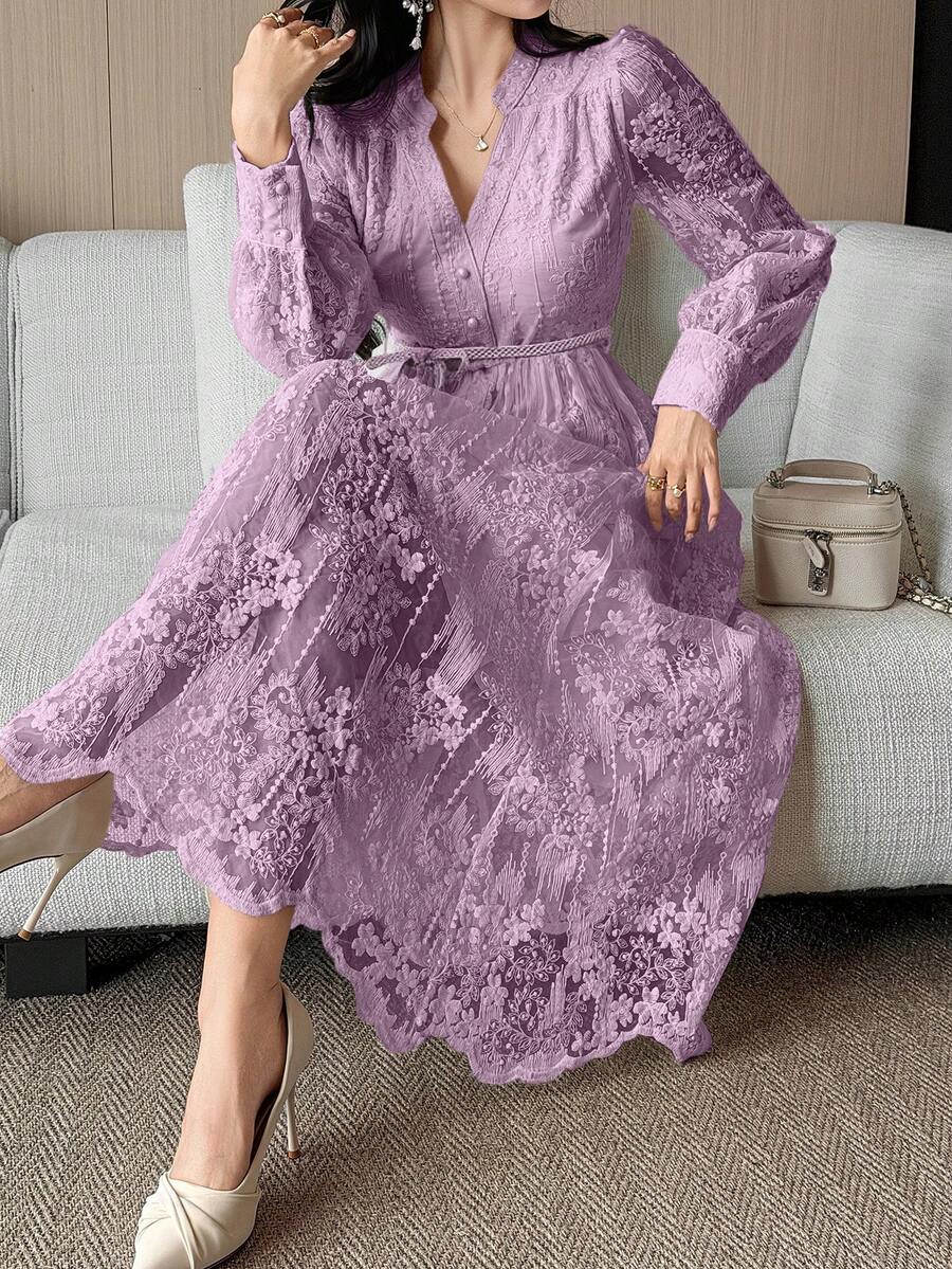 DAZY Women's Elegant Lace Collar Belted Mid-Length Dress, Spring/Summer - Pink - View 1