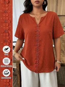 Weeklong Orange V-Neck Ruffle Trim Jacquard Fabric Plus Size Vacation Blouse, Spring/Summer - Orange - View 1