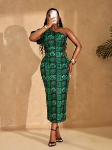 Lunelith SHEIN Lunessa Women's Summer Fashionable Vacation Style All-Over Print Flutter Sleeve Fitted Dress - Green - View 1