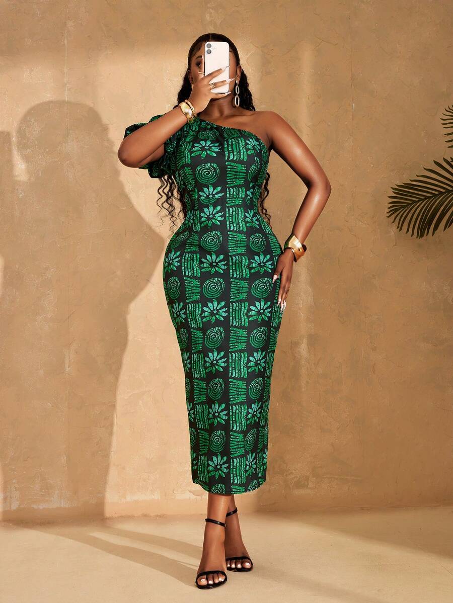 Lunelith SHEIN Lunessa Women's Summer Fashionable Vacation Style All-Over Print Flutter Sleeve Fitted Dress - Green - View 1