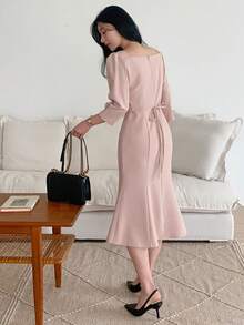 DAZY Women's Collared Waist Cinched Midi Dress, Elegant Commuter Dress In Pink - Pink - View 7