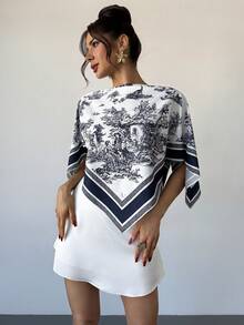 Firerie Áo kiểu nữ thanh lịch, tinh tế, lãng mạn, thoải mái, thích hợp cho kỳ nghỉ, đi biển, du lịch, đi làm, dự đám cưới, dự tiệc, cổ thuyền, in họa tiết, màu xanh chàm, mùa xuân/hè. - Màu xanh hải quân - Xem 4