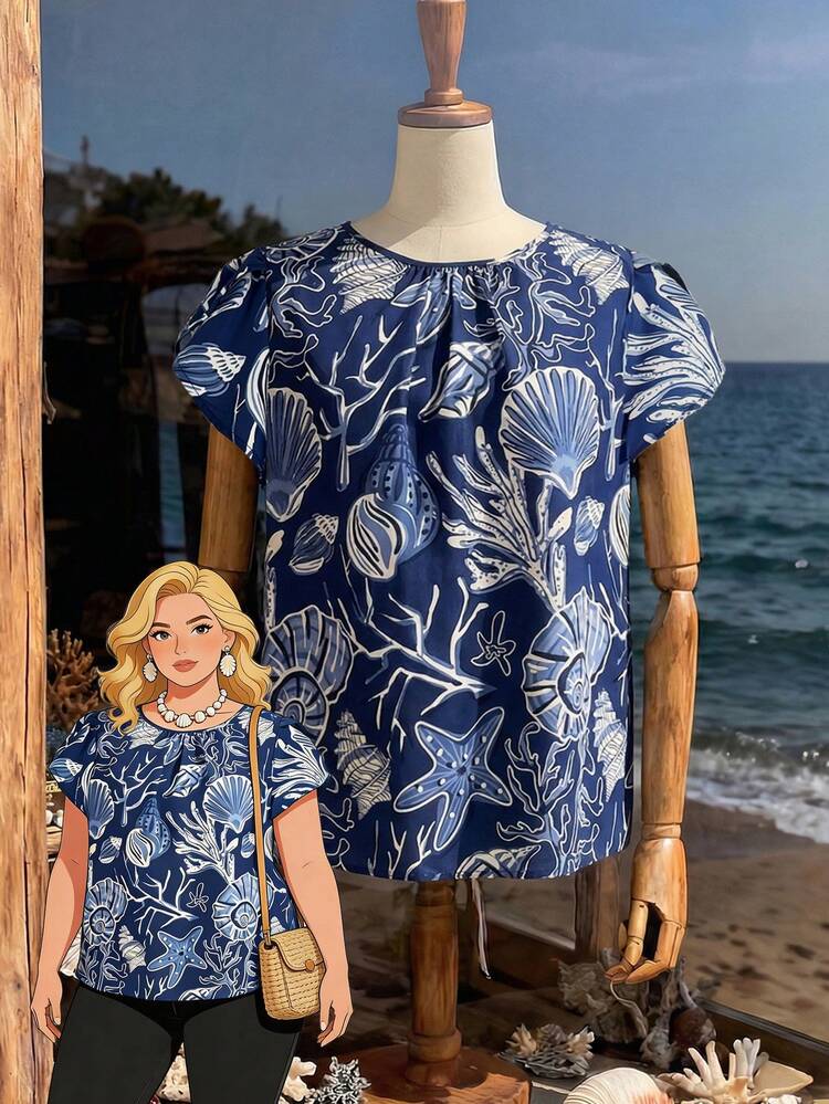 Plus Size Women's Early Spring Blue Petal Sleeve Blouse\Summer\Vacation Summer Tops Summer Outfits Summer Clothes  Spring  Spring Outfit Women Spring Clothes Country Style For Women Beach Outfits For Women  Beach Vacation Outfits For Women Seaside Retro Mannequin Window Display