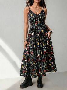 ROMWE PETITE Floral Print Sleeveless Vacation Dress - Black - View 1