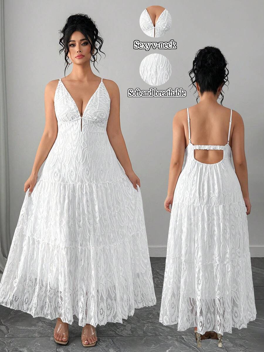 Elenzga Plus Size V-Neck Ruffle Trim Elegant Dress - White - View 1