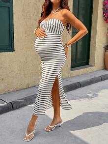 SHEIN Maternity Black And White Striped Dress, Summer Casual Holiday Pregnant Clothes, Comfortable Soft Twist Design Side Slit Strapless Dress For Vacation - Black and White - View 4