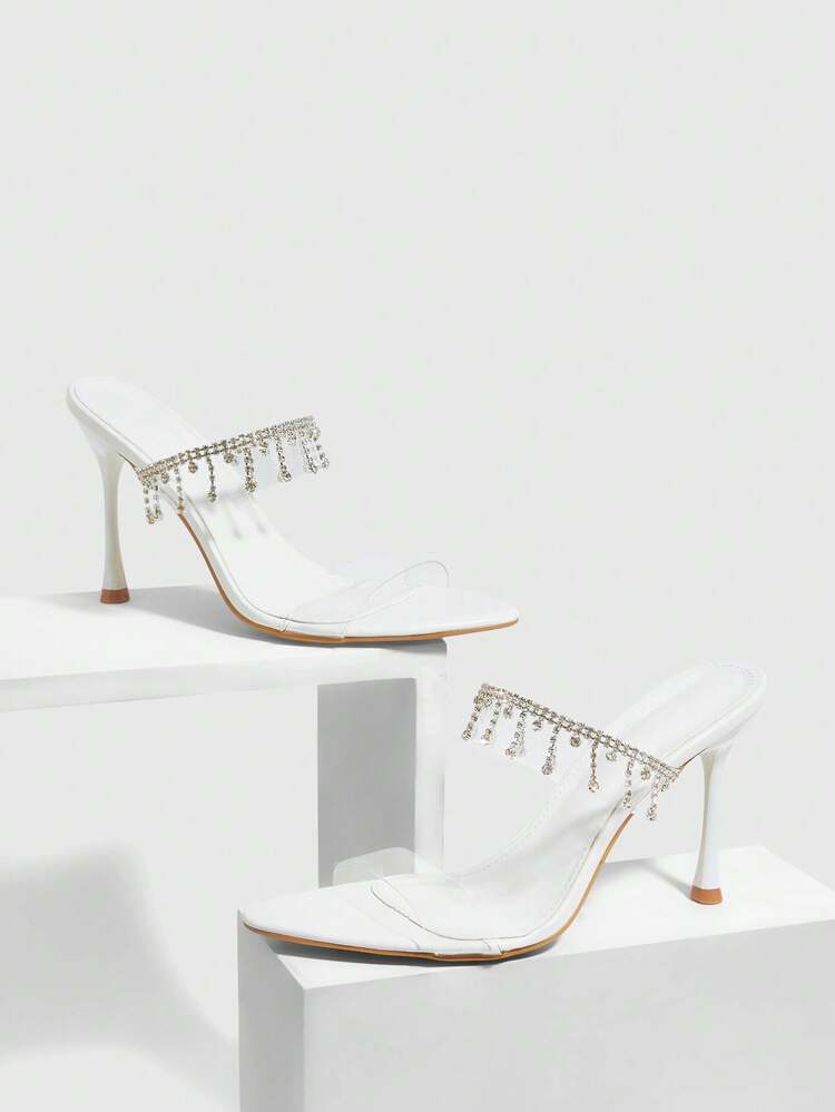 CUCCOO SZL Women Shoes Summer Pointed Slender Heel White Transparent Film Rhinestone Chain Open-Toed Women's Sandals Sexy Fashion Gorgeous With Skirts Banquet Party Night Club Women's High Heel Sandals Slippers