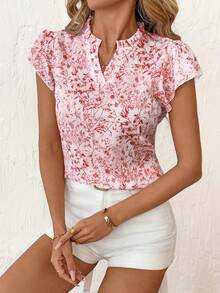 SHEIN Clasi Áo sơ mi nữ tay ngắn in họa tiết tối giản, phong cách thường ngày. - Đỏ và trắng - Xem 3