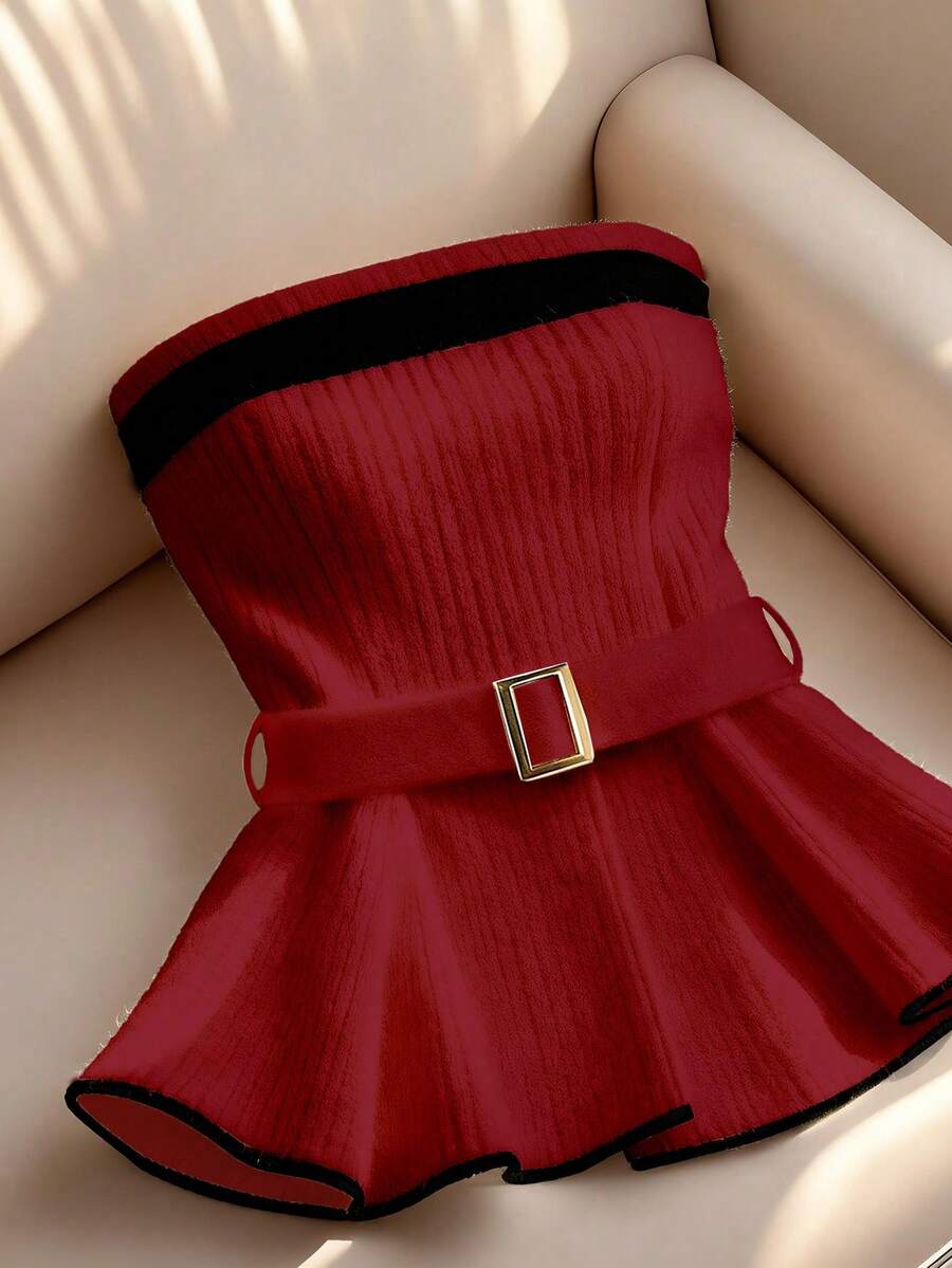 SHEIN LUNE 女士秋冬露脐抹胸上衣,紧身腰带,迷人独特的撞色设计针织衫 - 紅色 - 查看 1