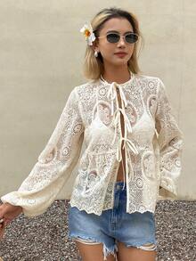 DAZY Women's Spring/Summer Beach Vacation Style Lantern Sleeve Front Tie Semi-Sheer Loose Shirt Boho - White - View 6