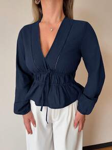 Jeta Ari Women's Solid Color Deep V-Neck Tie Front Elegant Office Wear Long Sleeve Blouse V Neck Blouses For Women Navy Blue Top Women Cinched Waist Top - Navy Blue - View 3