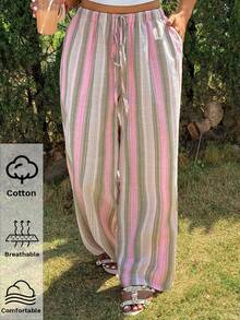 GalTyme 大码女式腰带条纹阔腿裤 - 彩色 - 查看 3