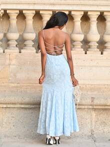 Mima John Ladies' Spring/Summer Holiday & Wedding Season Solid Color Cross Back Lace Trim Mermaid Dress Party - Baby Blue - View 3