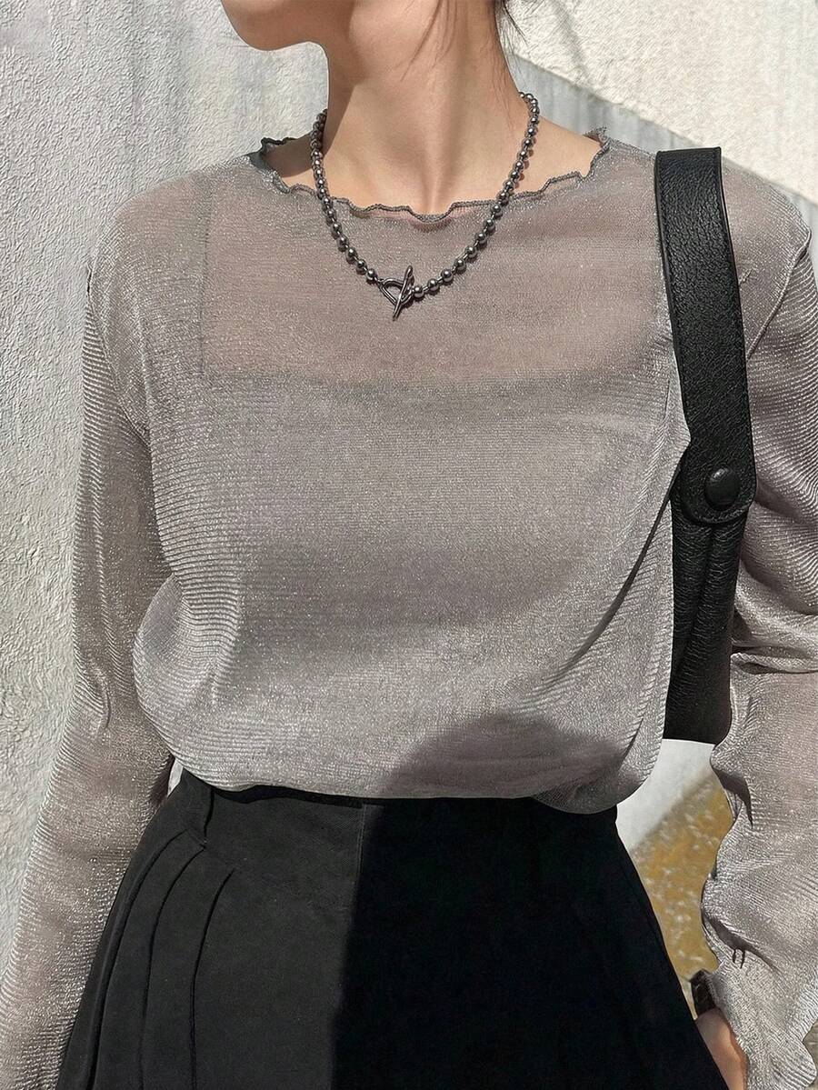 FRIFUL 女款網紗高領透視上衣,秋季長袖疊穿內搭衫 - 灰色 - 查看 1
