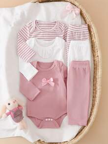 Newborn Baby Bow Decor Long Sleeve Bodysuit And Pants Set - Pink - View 5