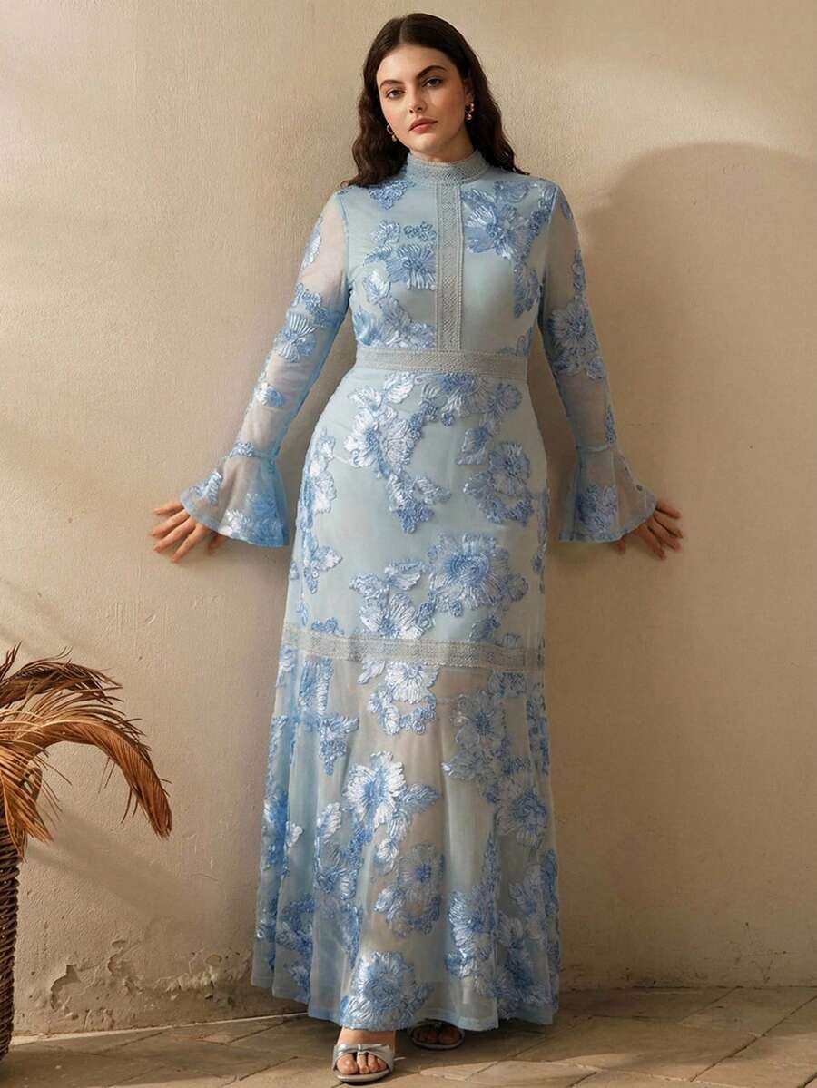 Anewsta 大码女式蓝色浪漫优雅立领喇叭袖花卉刺绣网纱修身长裙，拼接蕾丝缎带装饰，适合日常、度假、派对、情人节、婚礼等场合。 - 藍色 - 查看 1