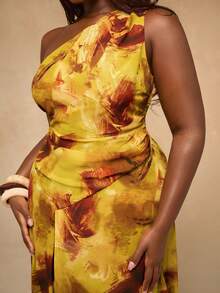 SHEIN BAE Plus Size Women's One Shoulder Graphic Abstract Print Midi Dress,Summer Elegant Gold Wedding Guest Outfit,Flowy Asymmetric Brunch Resort Wear - Multicolor - View 8
