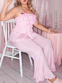Slumberry CURVE Sweet Ins Style Bow Contrast Color Camisole Plus Size Pajama Set - Baby Pink - View 6