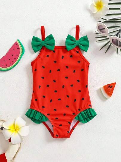 SHEIN Baby Girl Watermelon Print Ruffled One-Piece Swimsuit With Bow Decor, Beach/Resort Style