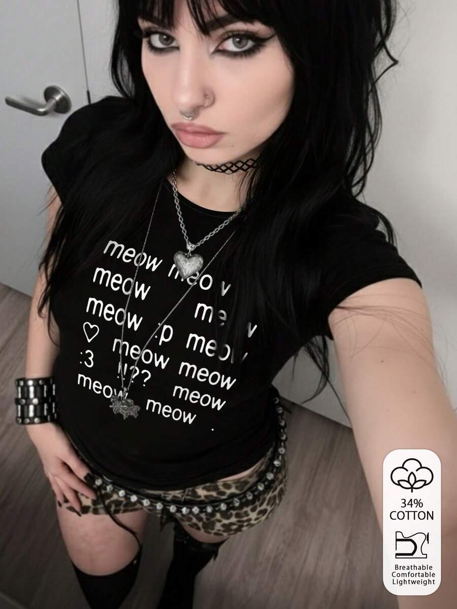 SHEIN 复古朋克风字母印花短袖T恤，Y2K哥特风上衣，街头嘻哈风上衣，90年代女装 - 黑色 - 查看 1