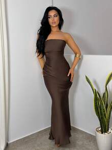 Vassilux Herbst/Winter Damen sexy minimalistisches einfarbiges cremefarbenes gelbes gerafftes rückenfreies Meerjungfrauenkleid, geeignet für Partys, Cocktailveranstaltungen, formelle Anlässe, Brautjungfernkleider, Geburtstagskleid, gelbes Satin-Abendkleid, Weihnachten, Bankett, Business-Casual braunes Hochzeitsgast-Kleid, braunes Brautjungfernkleid, Party - Kaffeebraun - Übersicht 6