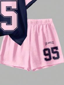 Bộ đồ 2 mảnh gồm áo thun và quần short phối màu tương phản xanh navy và hồng neon, kiểu dáng rộng rãi thoải mái, tay ngắn, cổ tròn, thích hợp cho bé gái mặc hàng ngày vào mùa xuân/hè, dạo phố, đi chơi, ở nhà, đi nghỉ mát, dự tiệc, đi học. - Nhiều màu - Xem 6