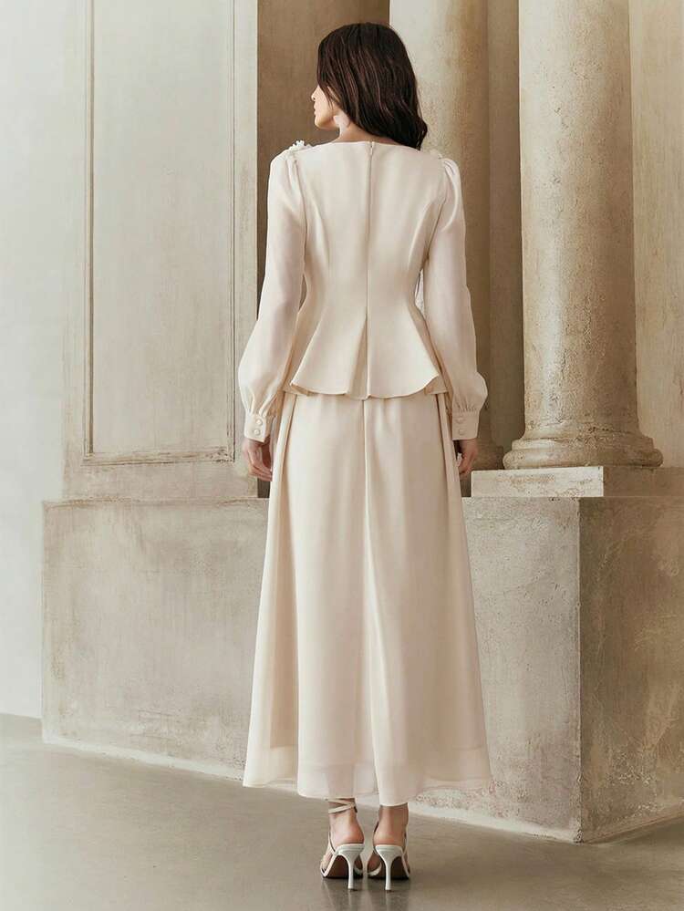 Women's Elegant Fashion New Year Holiday 3D Floral Embroidery Decor Long Sleeve Dress For Dates & Parties, Spring/Summer