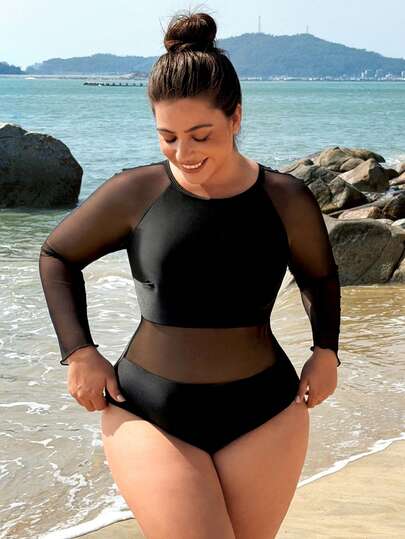 Swim SPRTY 大码女式纯色撞色网纱长袖露背系带沙滩度假运动冲浪连体泳衣