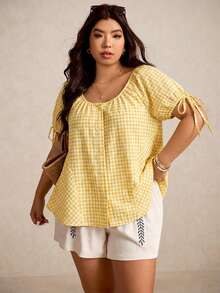 Elaquor Plus Size Women Plaid Round Neck Casual Versatile Daily Wear Short Sleeve Shirt - Yellow - View 3