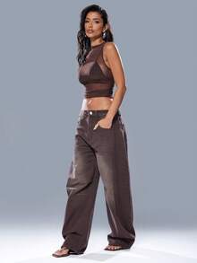 Denimoi Jeans de cintura baja con hoja curva en estilo retro - Marrón - Ver 5