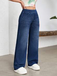 Flexra Women's Street Style Elastic Casual Sports Denim Wide Leg Pants - Dusty Blue - View 3