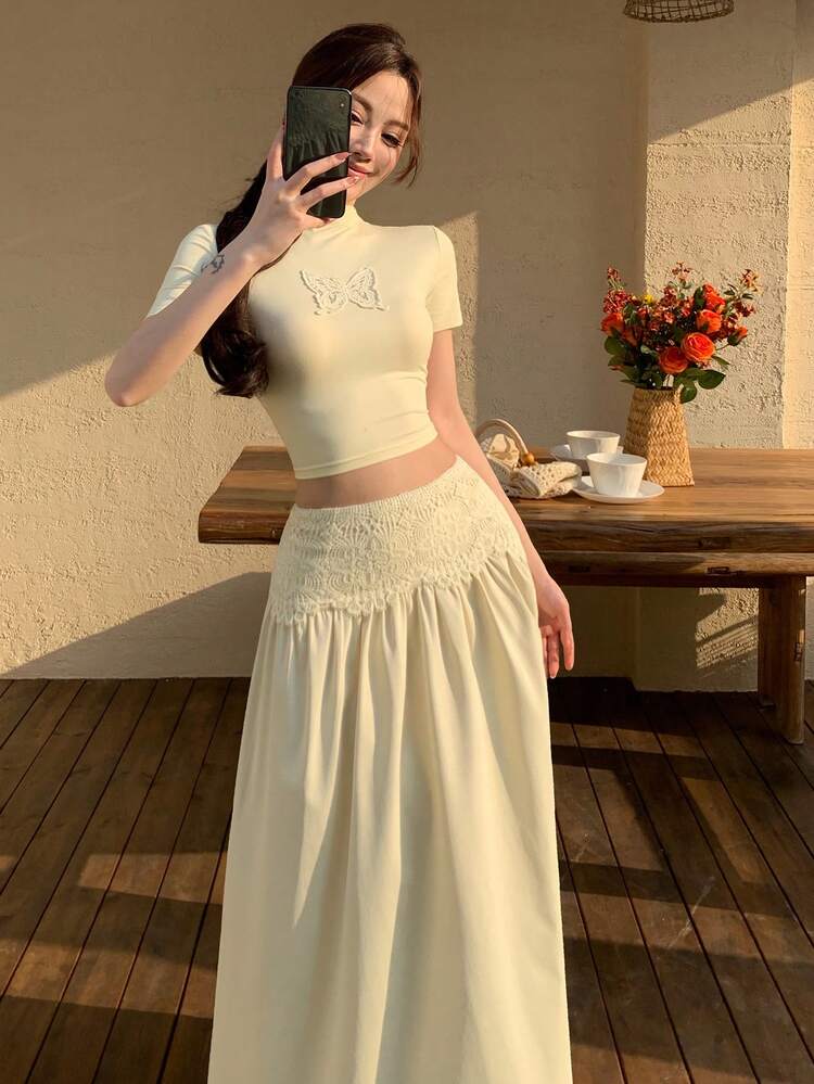 Spring & Summer Butterfly Lace Decor Solid Color Mandarin Collar Yellow Short Sleeve T-Shirt And A-Line Skirt Set, Elegant Sweet Casual Vacation Beach Wedding Commute Outfit For Women