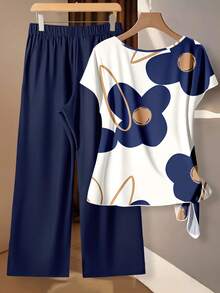 EMERY ROSE 女士蝴蝶结衬衫和直筒裤两件套 女士套装 女士上衣和衬衫 女士套装 女士睡衣夏季套装 女士套装 女士度假套装 女士套装 - 彩色 - 查看 2