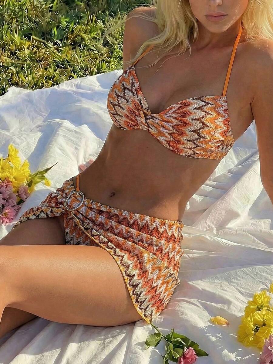 Swim Vcay 3pcs Women's Summer Set, Tropical Fruit Element Spaghetti Strap Top Paired With Mini Skirt, Fashionable Metal Accessories - Multicolor - View 1