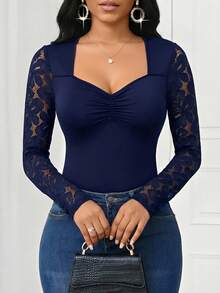 SHEIN Lady Women's Elegant Commuter Navy Blue  Lace Patchwork T-Shirt - Navy Blue - View 6