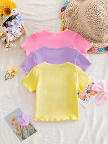 SHEIN Babygirl Cute Casual Solid Color Wavy Hem Short Sleeve Top, Multi-Color, Baby Girl - Multicolor - View 3