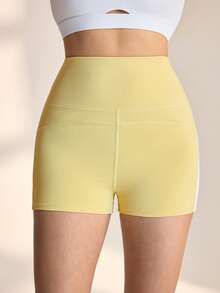WanderVale Women's High Waist Fitted Contrast Color Splice Shorts - Yellow - View 3